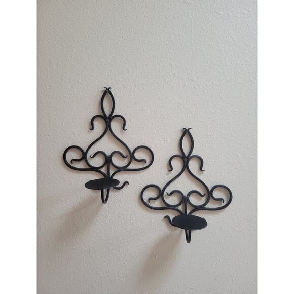 2 Vintage Wall Sconce Candle Holders, Black Wrought Iron Metal - Picture 1 of 5